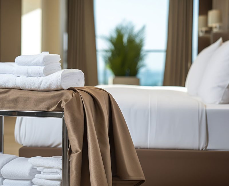 Hotel maid trolley, trolley with snow-white clean towels. Room cleaning concept.